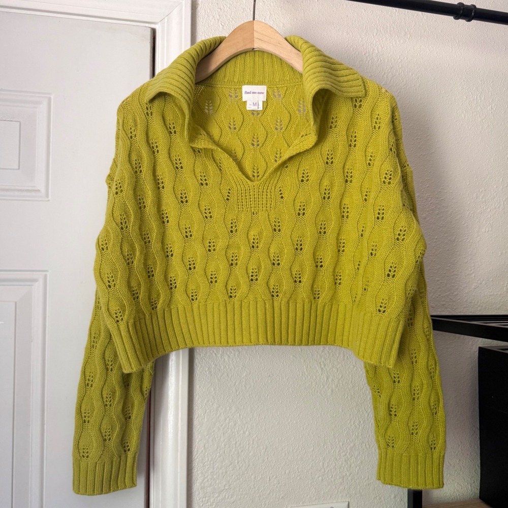 FIND ME NOW lime green wool blend lightweight polo boxy cropped pullover sweater